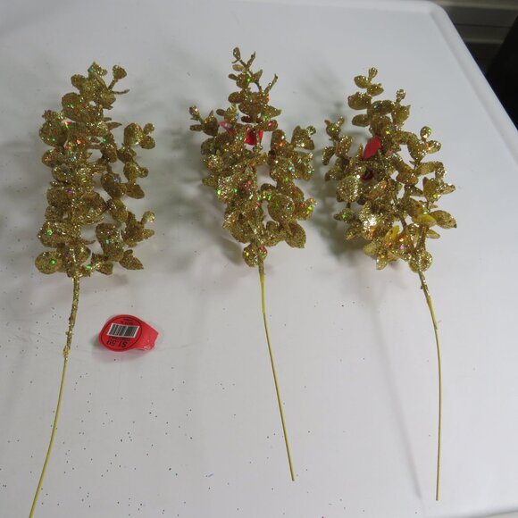 Gold Glitter Leaves with RAINBOW Glitter mixed in (3) Floral Stems Faux Floral - Picture 2 of 9